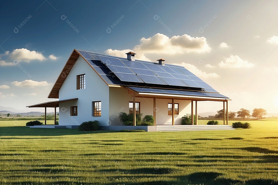 Casa moderna com painéis fotovoltaicos em um campo