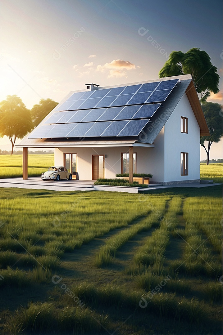 Casa moderna com instalação de painel solar fotovotáico em telhado em suset