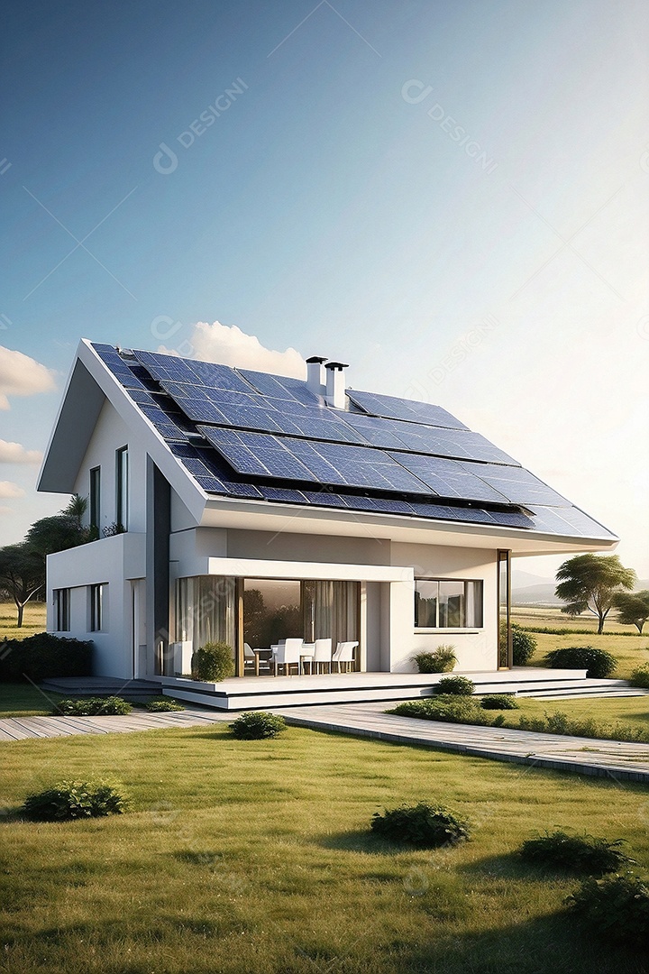 Casa moderna com placa solar em um dia de sol