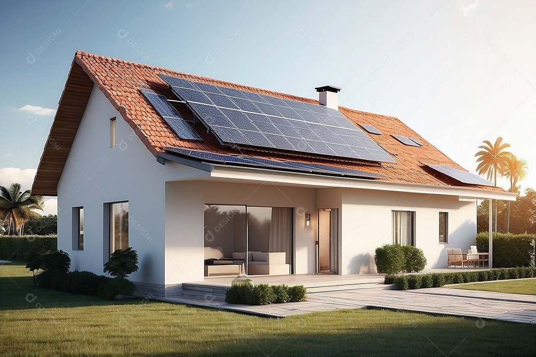 Casa moderna com instalação de painel solar fotovotáico em telhado em suset