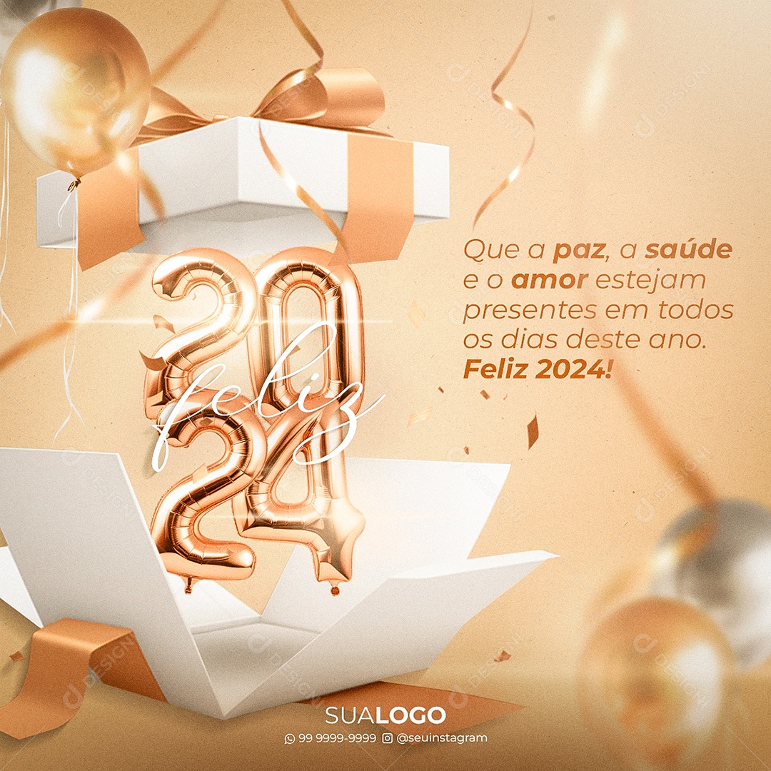 Feliz 2024 Presente Paz Saúde Amor Social Media PSD Editável