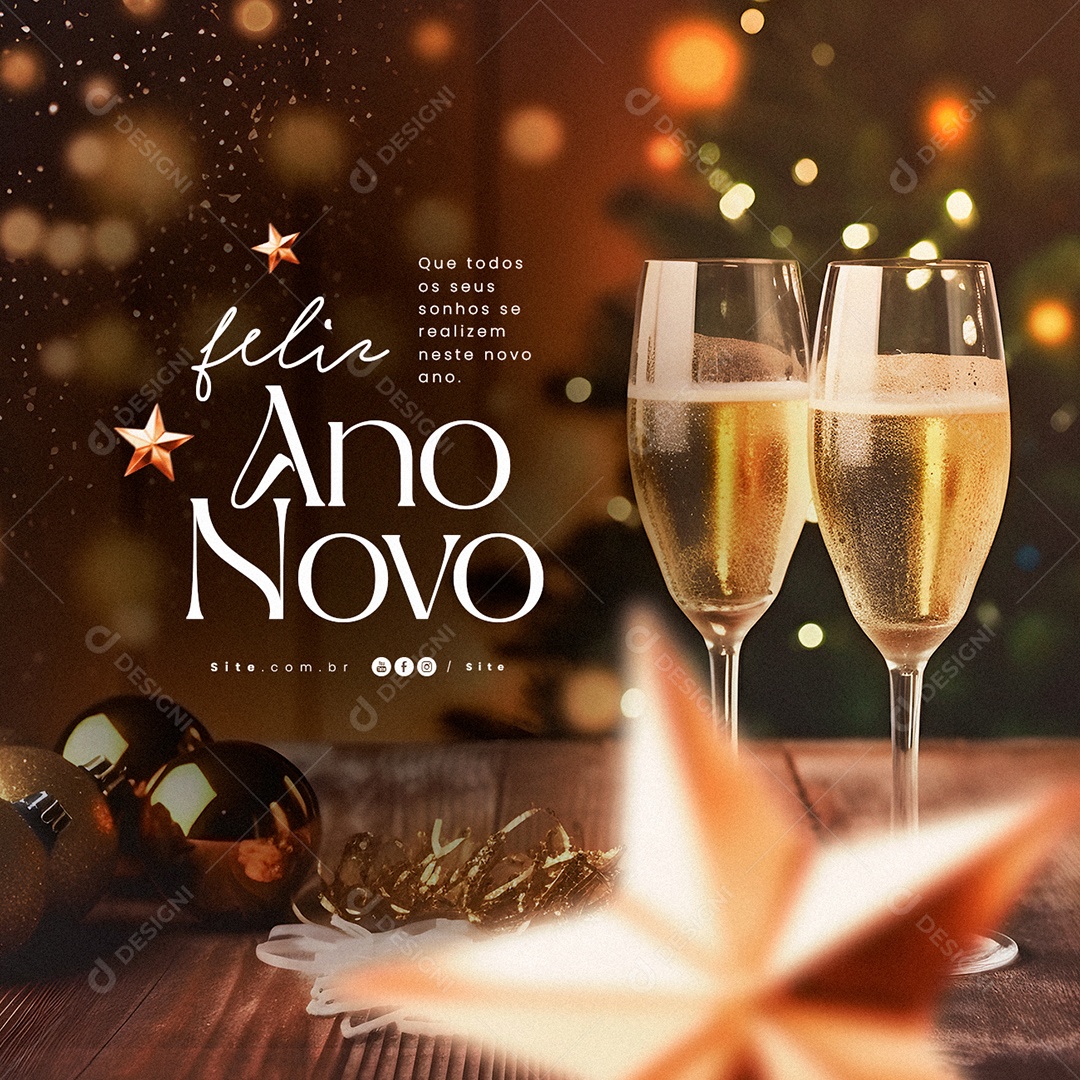 Social Media Feliz Ano Novo Que Todos os Seus Sonhos se Realizem neste Novo Ano PSD Editável
