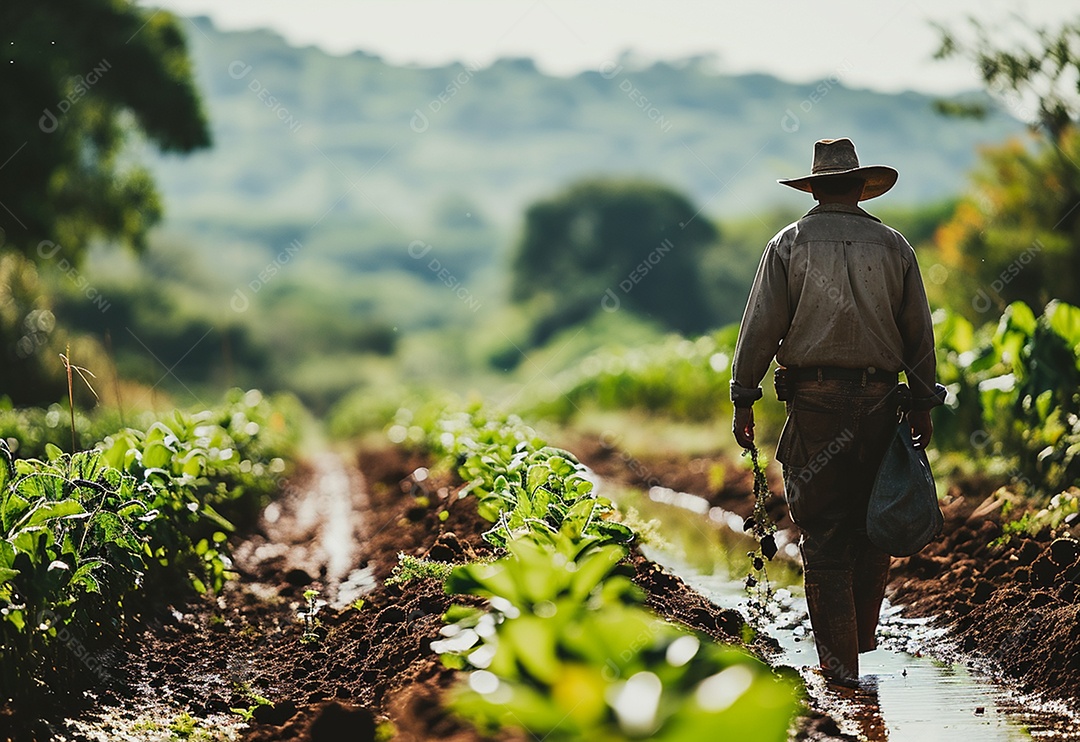 Homem fazendeiro caminhando na plantação na fazenda