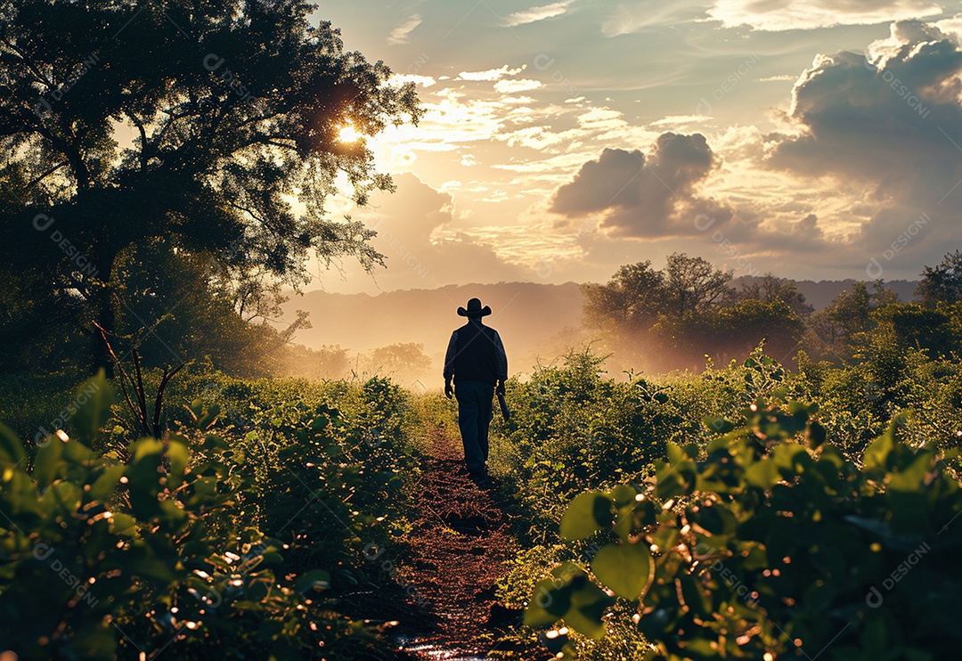 Homem fazendeiro caminhando na plantação na fazenda