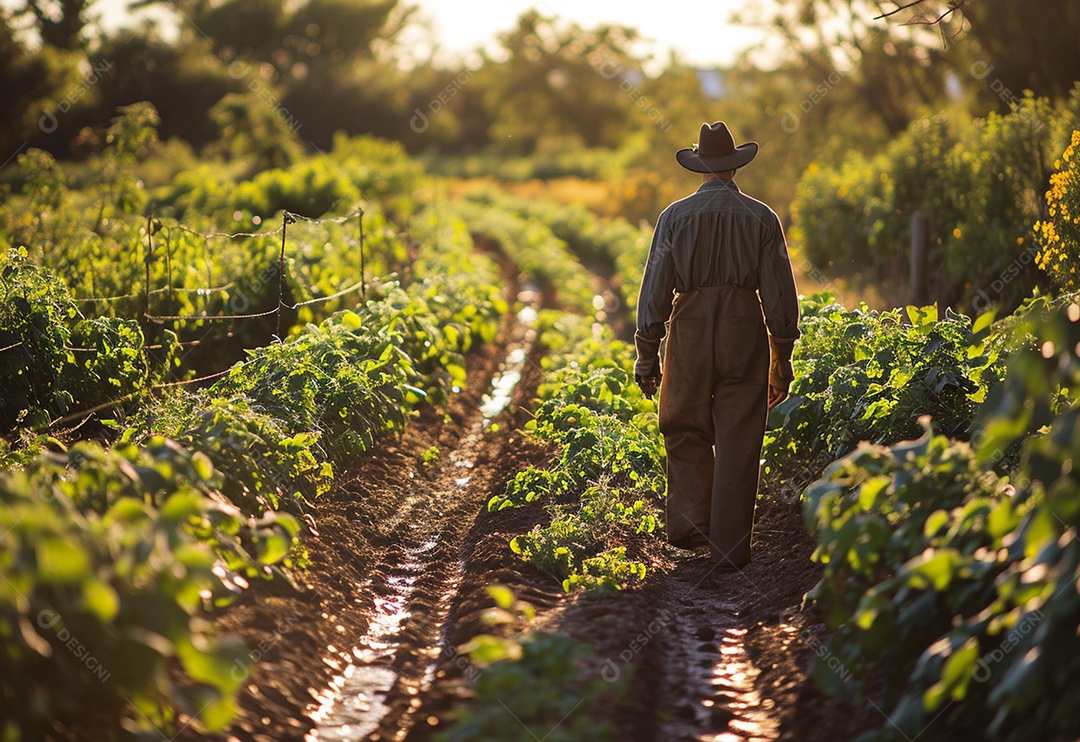 Homem fazendeiro caminhando na plantação na fazenda