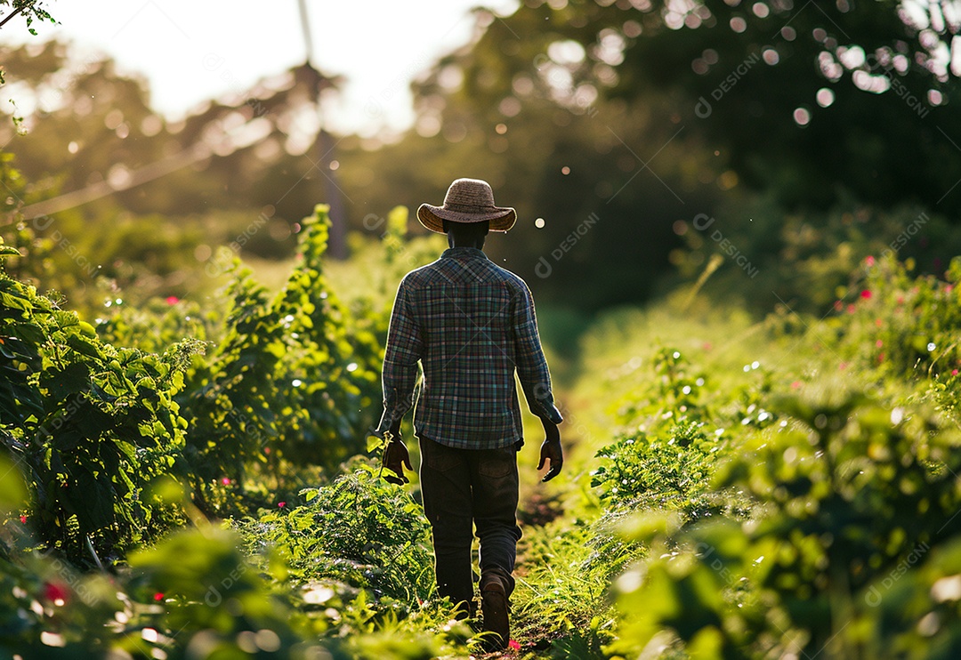 Homem fazendeiro caminhando na plantação na fazenda