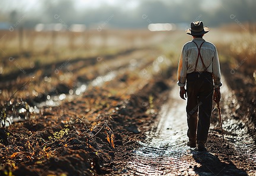 Homem fazendeiro caminhando na plantação na fazenda