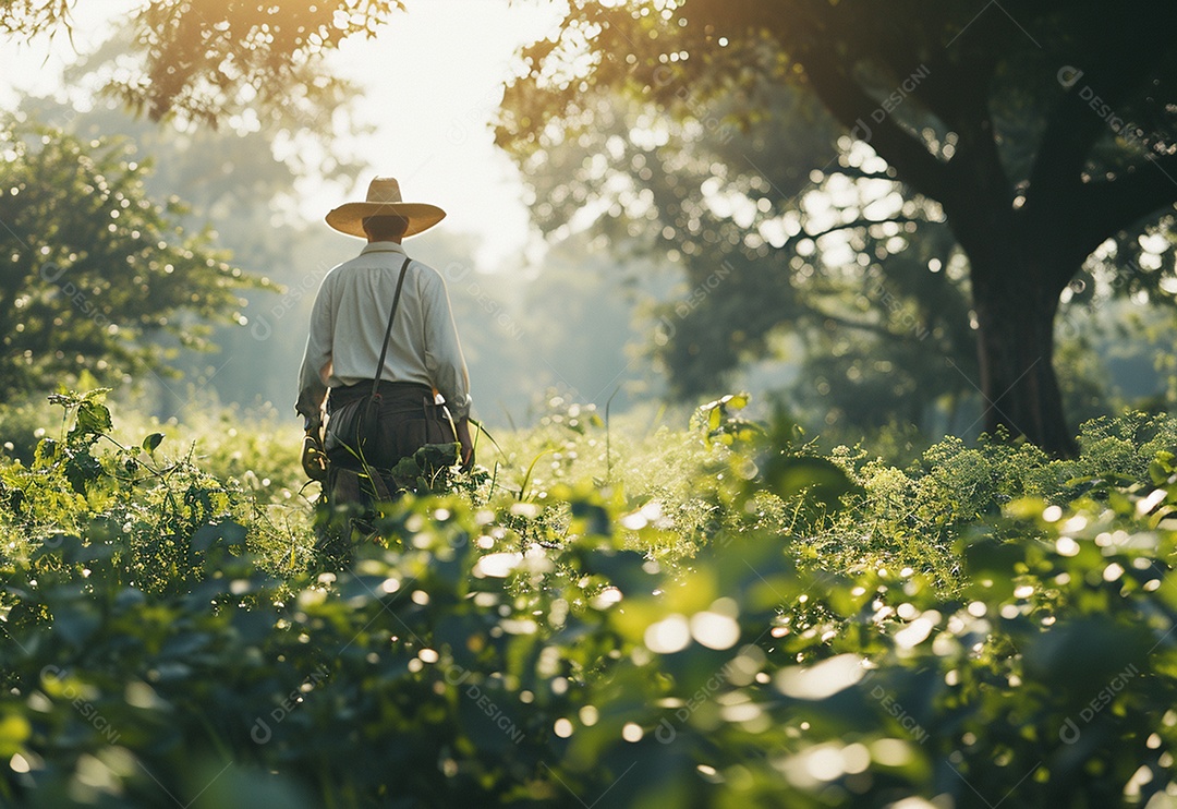 Homem fazendeiro caminhando na plantação na fazenda