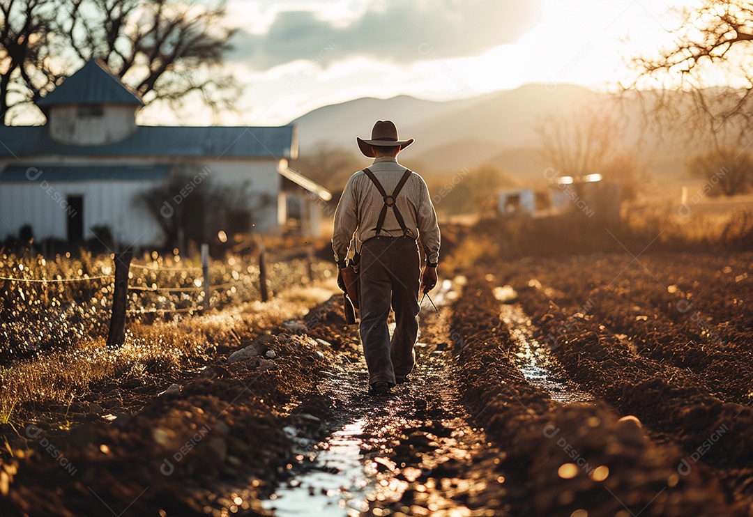 Homem fazendeiro caminhando na plantação na fazenda