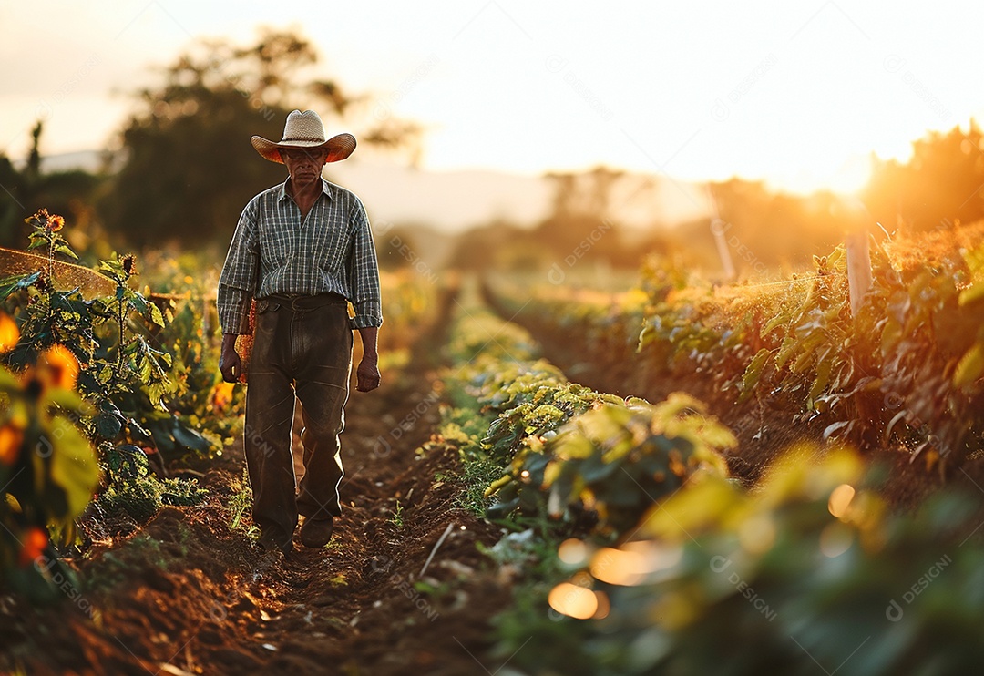 Homem fazendeiro caminhando na plantação na fazenda