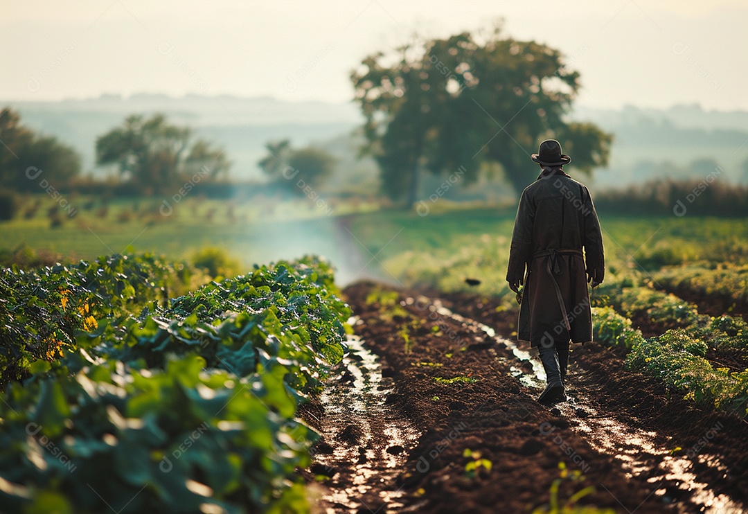 Homem fazendeiro caminhando na plantação na fazenda