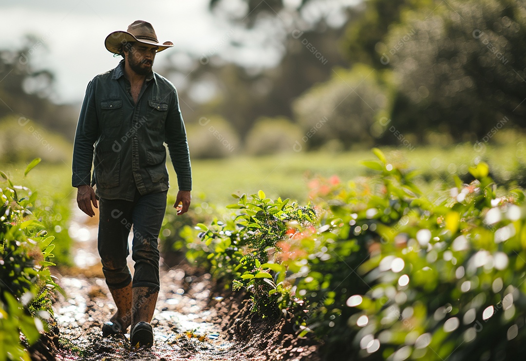 Homem fazendeiro caminhando na plantação na fazenda