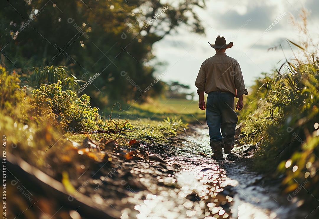 Homem fazendeiro caminhando na plantação na fazenda