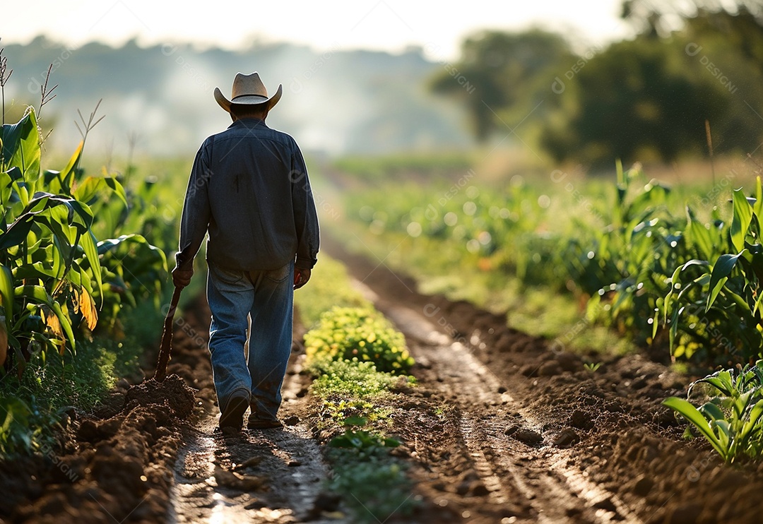 Homem fazendeiro caminhando na plantação na fazenda