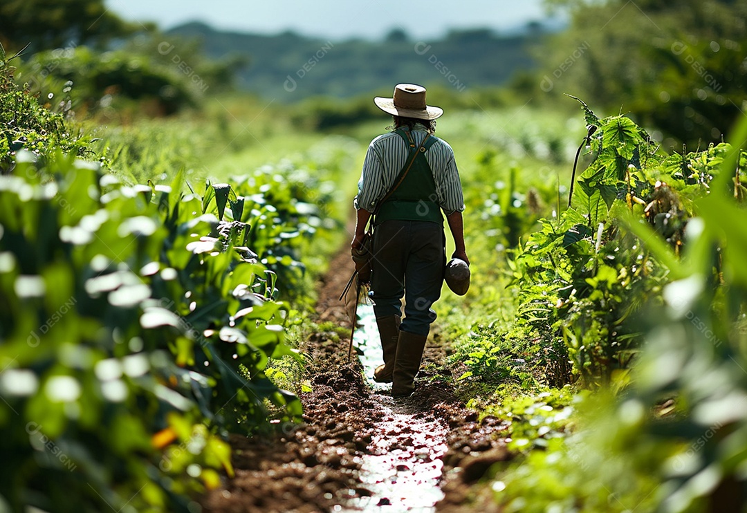 Homem fazendeiro caminhando na plantação na fazenda