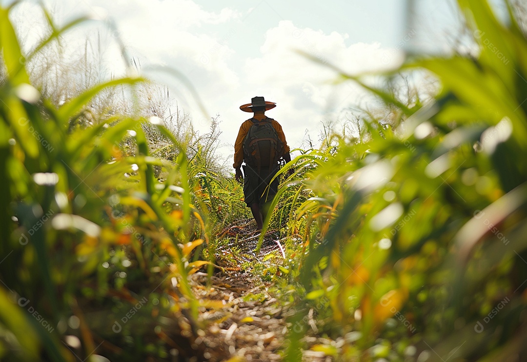 Homem fazendeiro caminhando na plantação na fazenda
