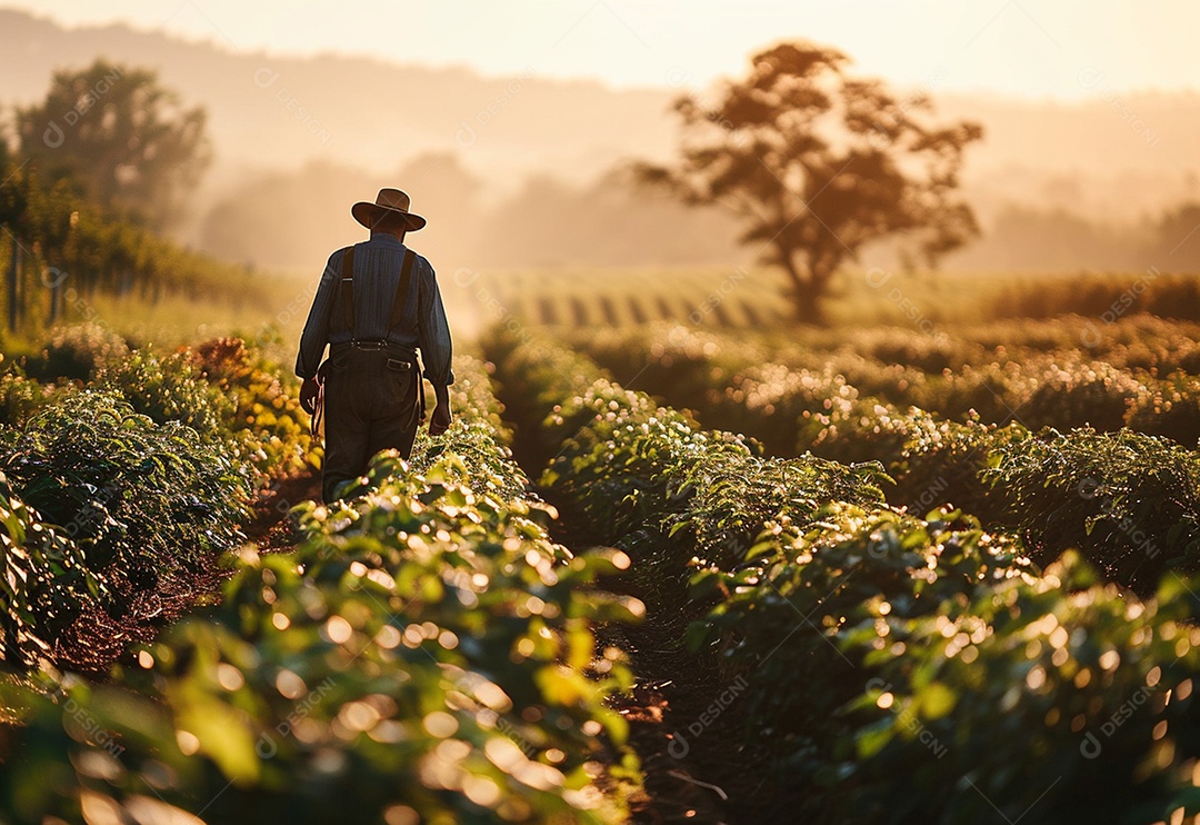 Homem fazendeiro caminhando na plantação na fazenda