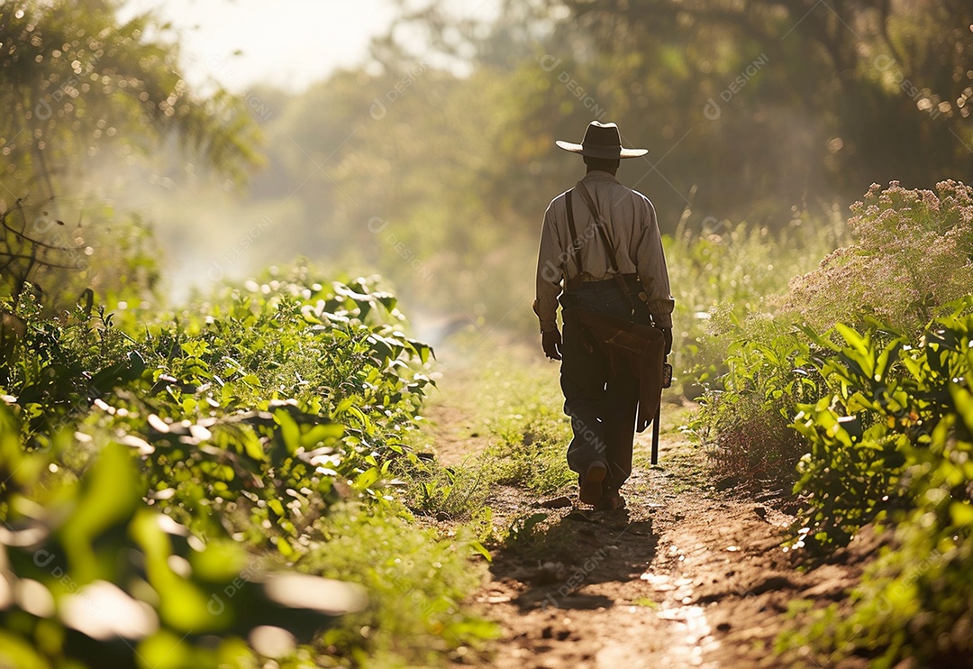 Homem fazendeiro caminhando na plantação na fazenda