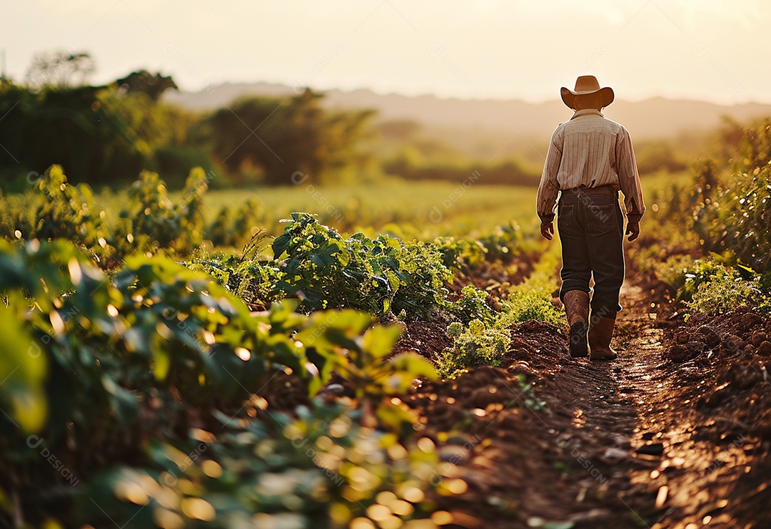 Homem fazendeiro caminhando na plantação na fazenda