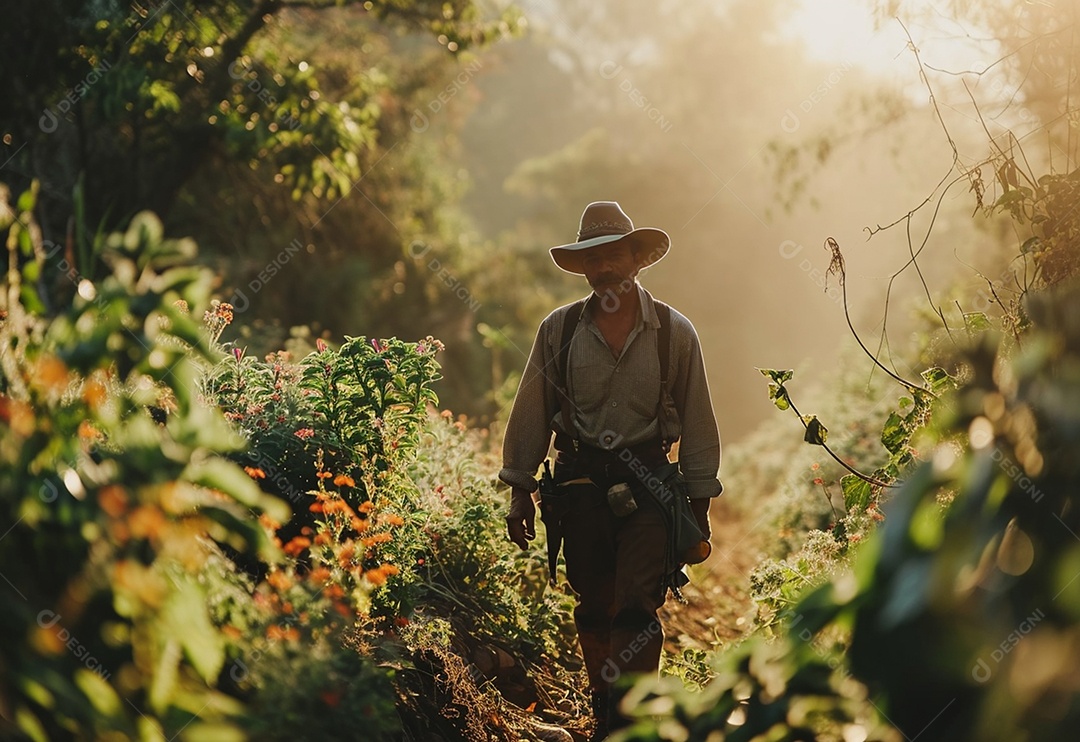 Homem fazendeiro caminhando na plantação na fazenda