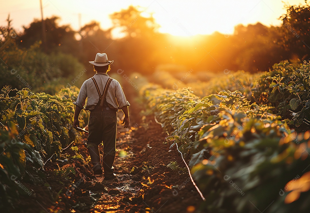Homem fazendeiro caminhando na plantação na fazenda