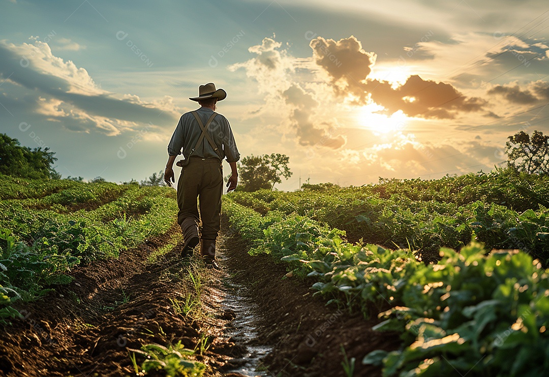 Homem fazendeiro caminhando na plantação na fazenda