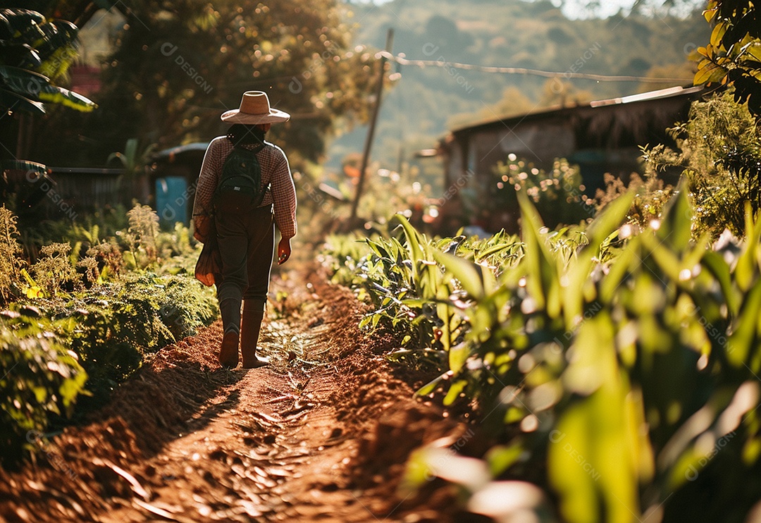 Homem fazendeiro caminhando na plantação na fazenda