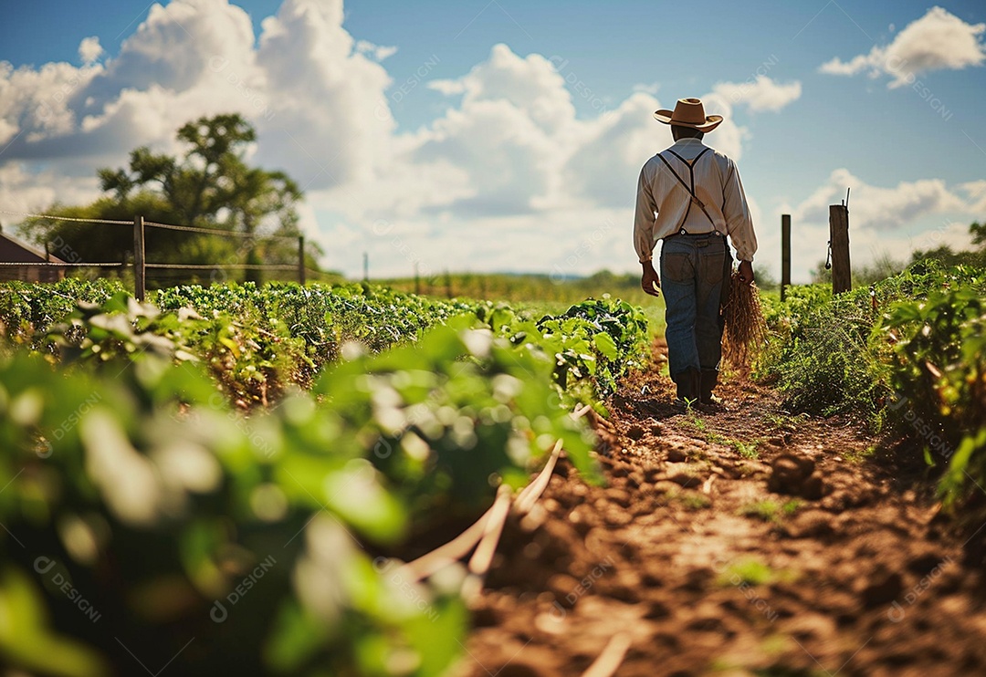 Homem fazendeiro caminhando na plantação na fazenda