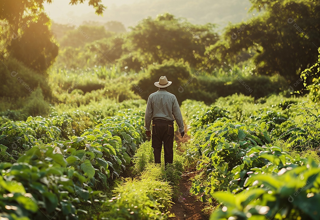 Homem fazendeiro caminhando na plantação na fazenda