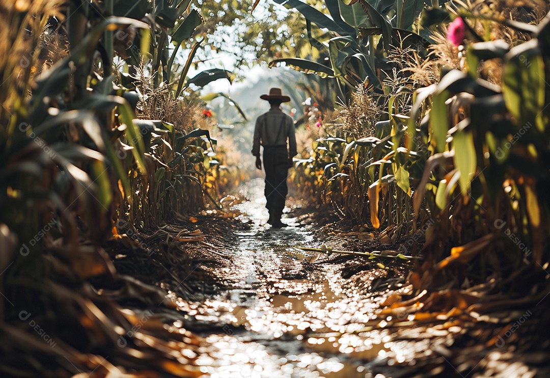 Homem fazendeiro caminhando na plantação na fazenda