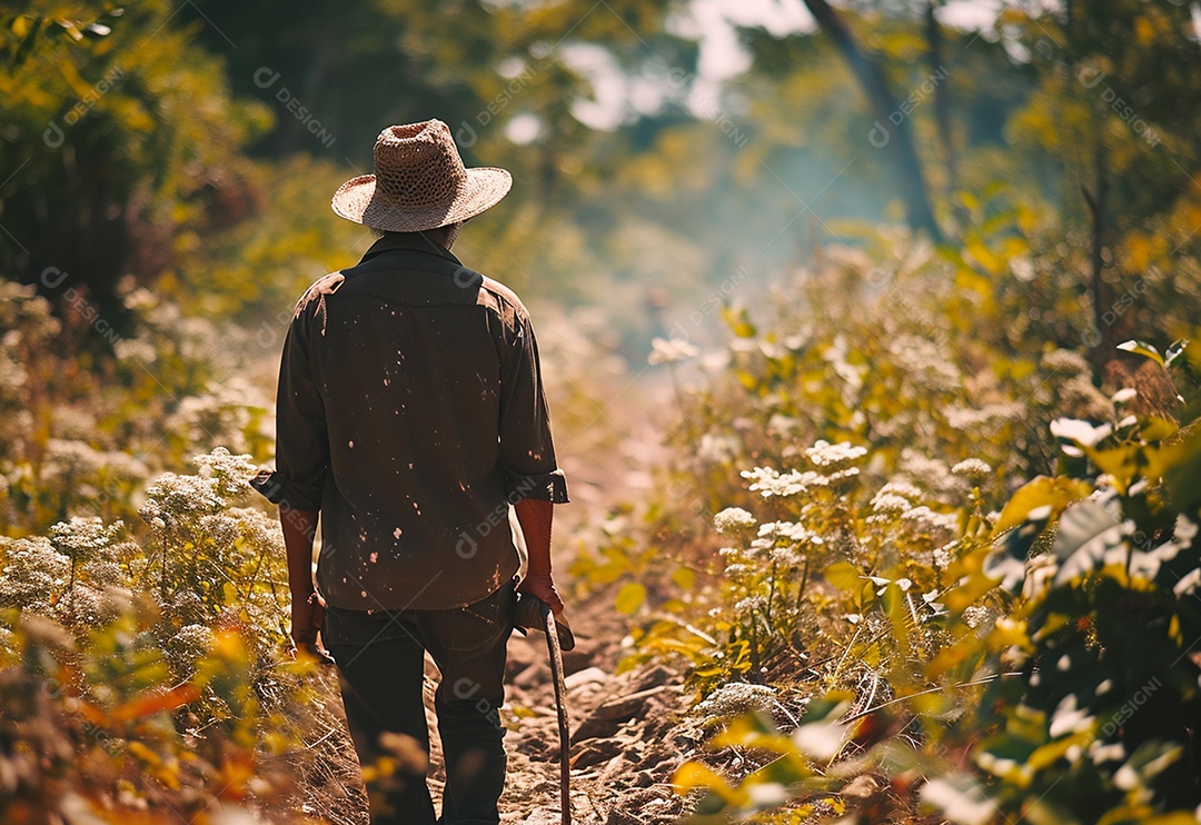 Homem fazendeiro caminhando na plantação na fazenda
