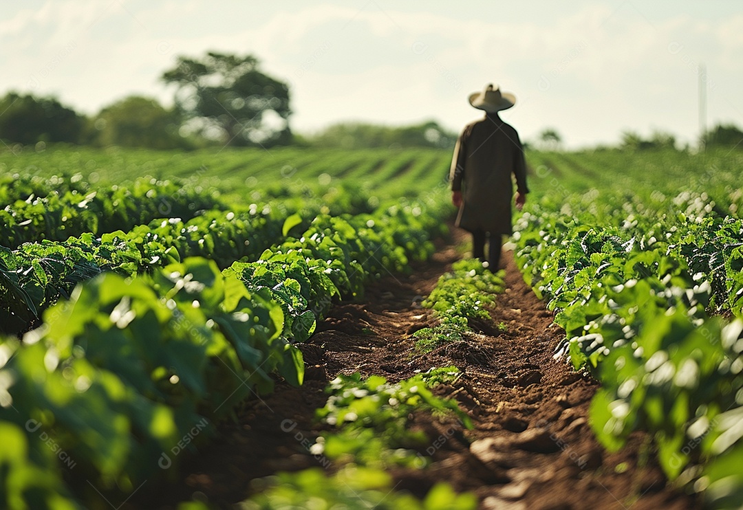 Homem fazendeiro caminhando na plantação na fazenda