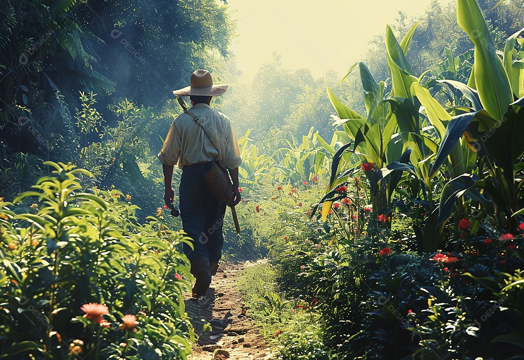 Homem fazendeiro caminhando na plantação na fazenda
