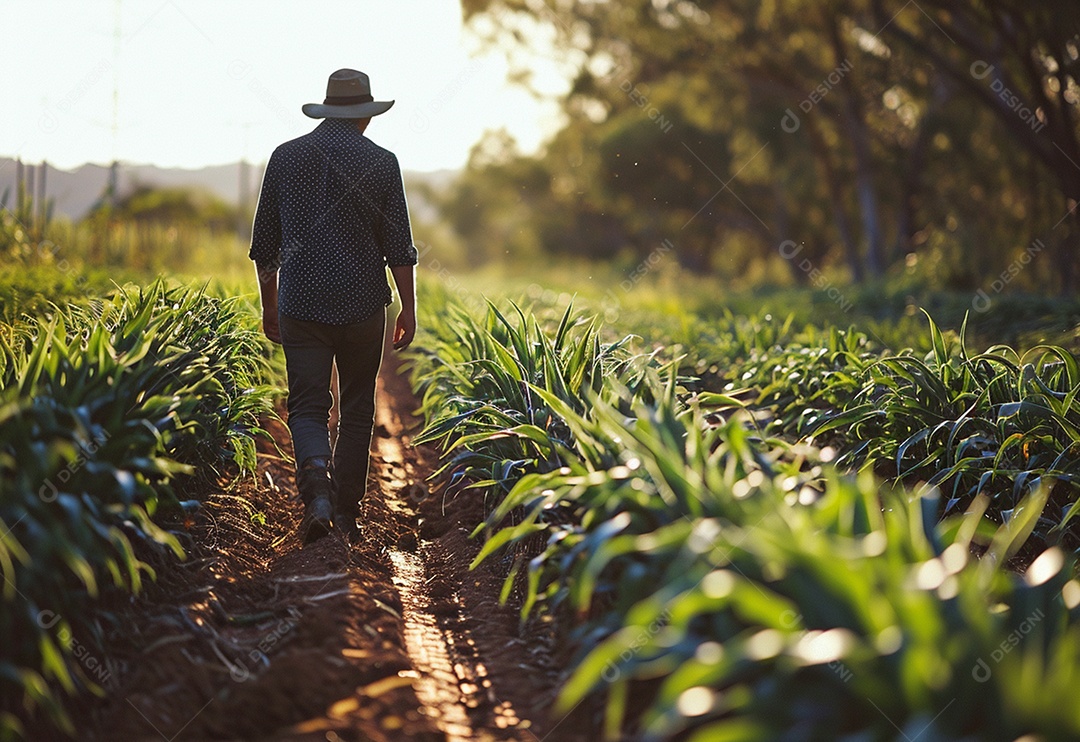 Homem fazendeiro caminhando na plantação na fazenda