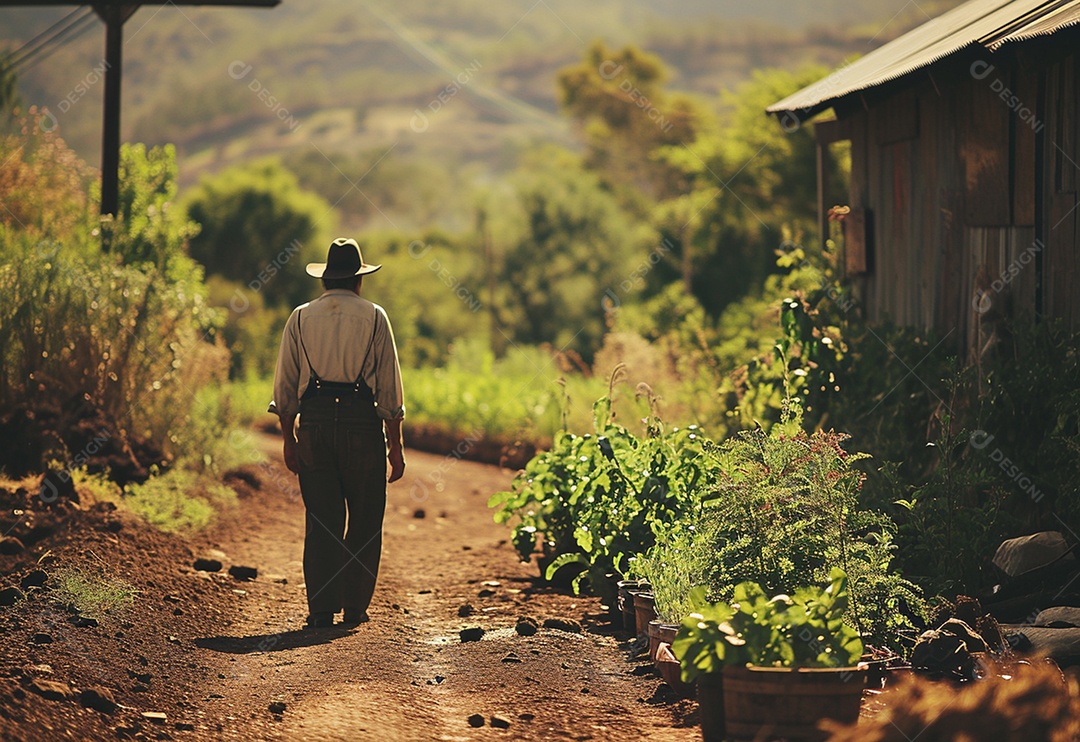 Homem fazendeiro caminhando na plantação na fazenda