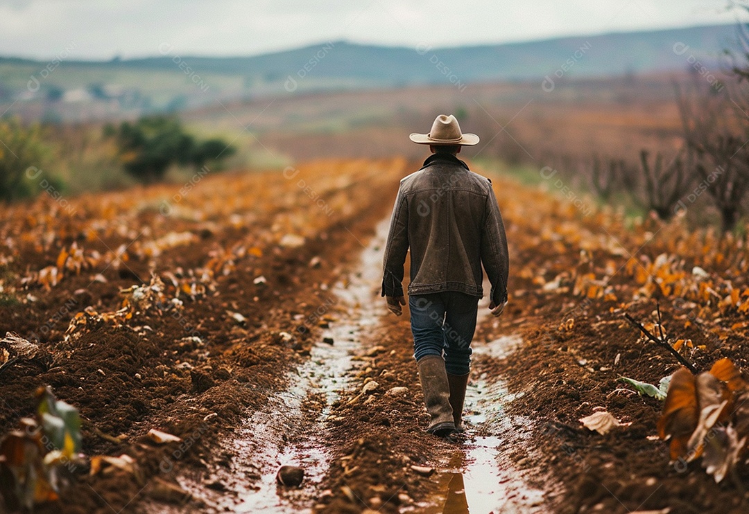 Homem fazendeiro caminhando na plantação na fazenda