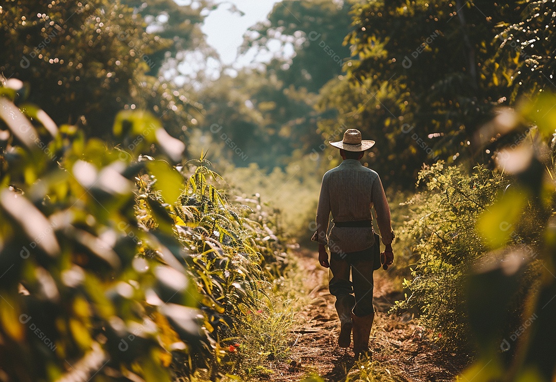 Homem fazendeiro caminhando na plantação na fazenda