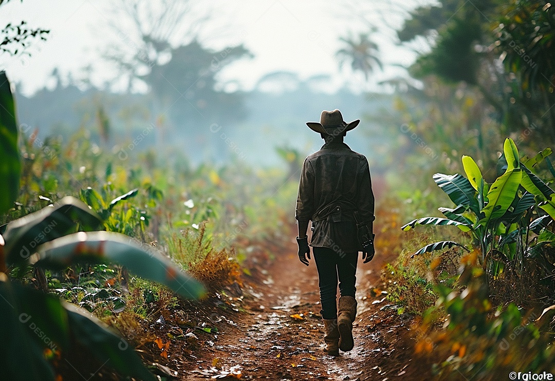 Homem fazendeiro caminhando na plantação na fazenda