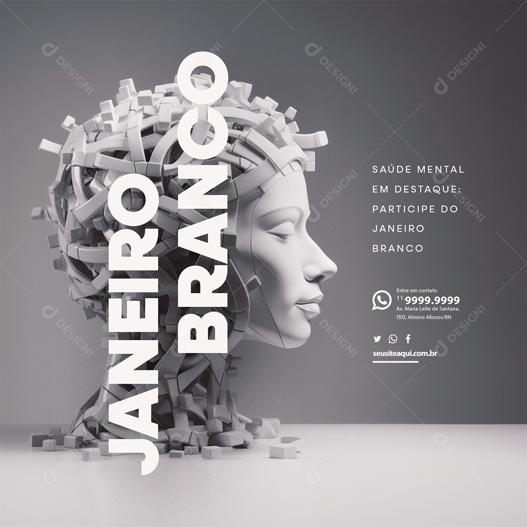 Saúde Mental em Destaque Participe Janeiro Branco Social Media PSD Editável