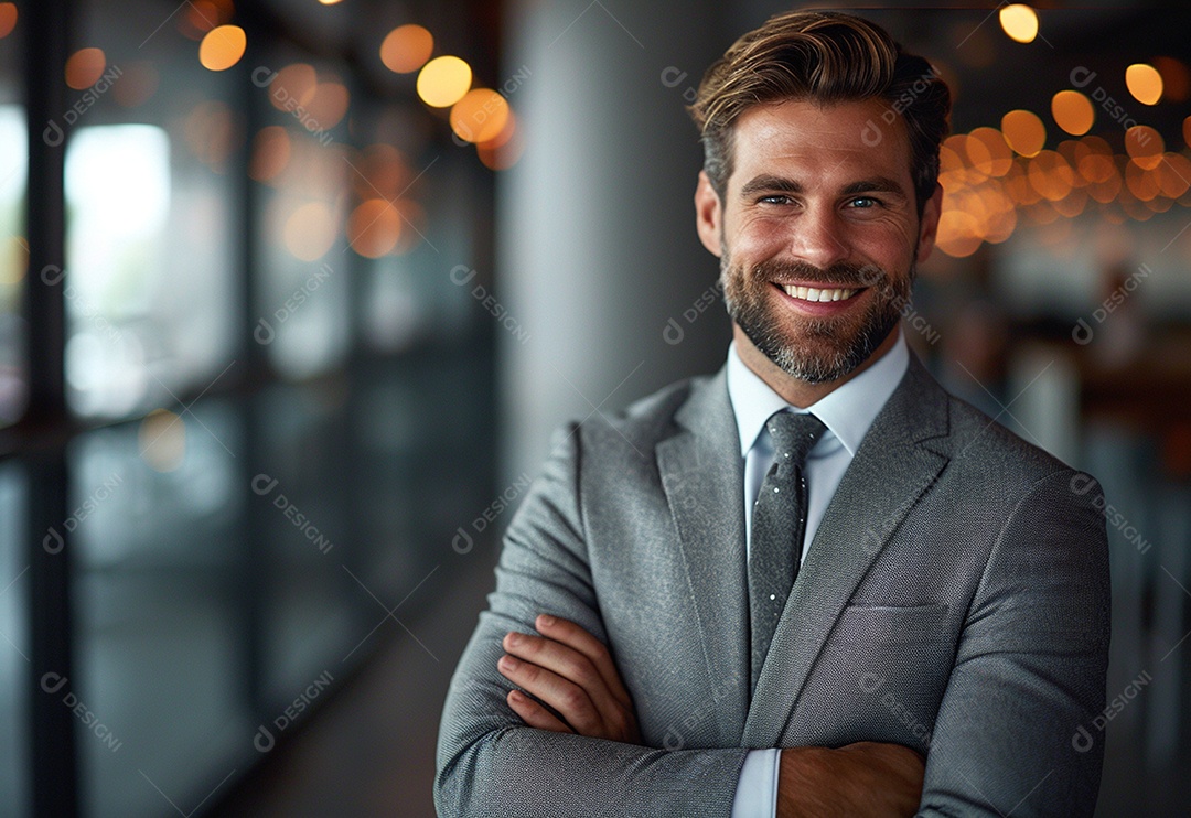 Empresário confiante sorrindo enquanto está de braços cruzados no escritório