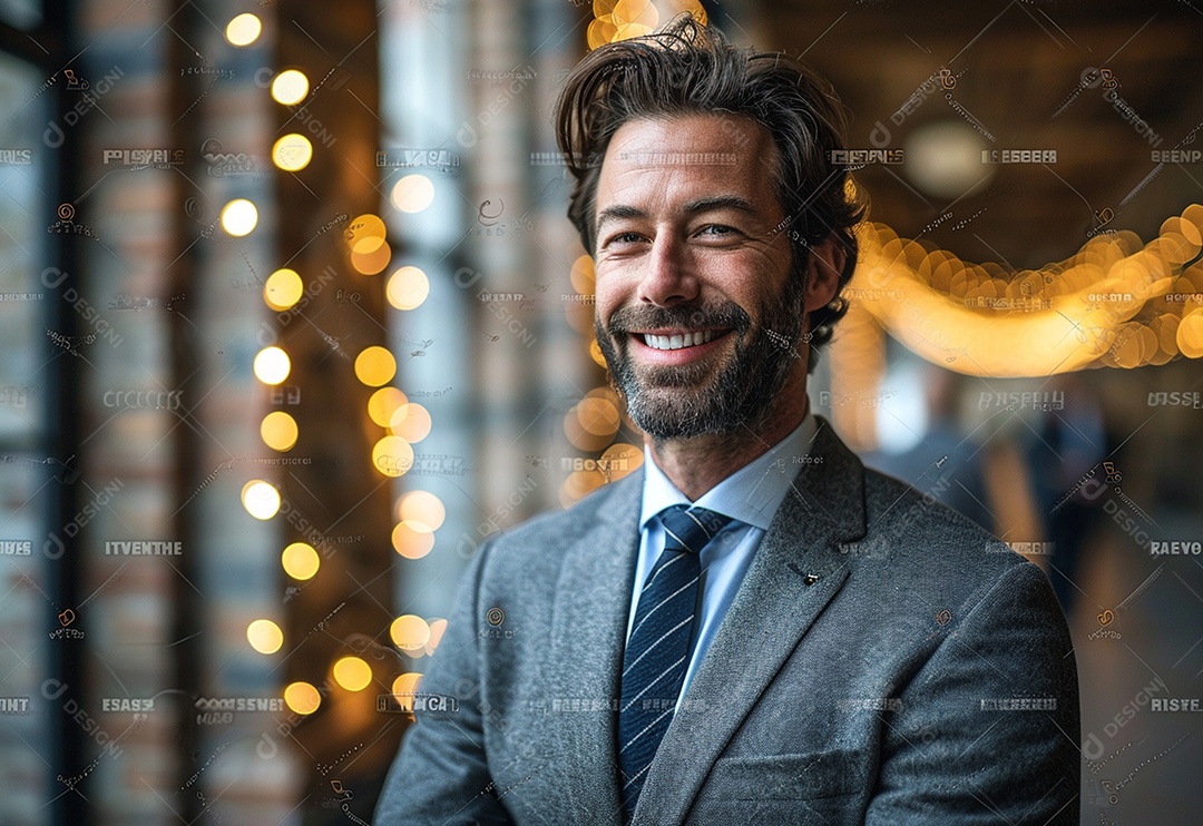 Empresário confiante sorrindo enquanto está de braços cruzados no escritório