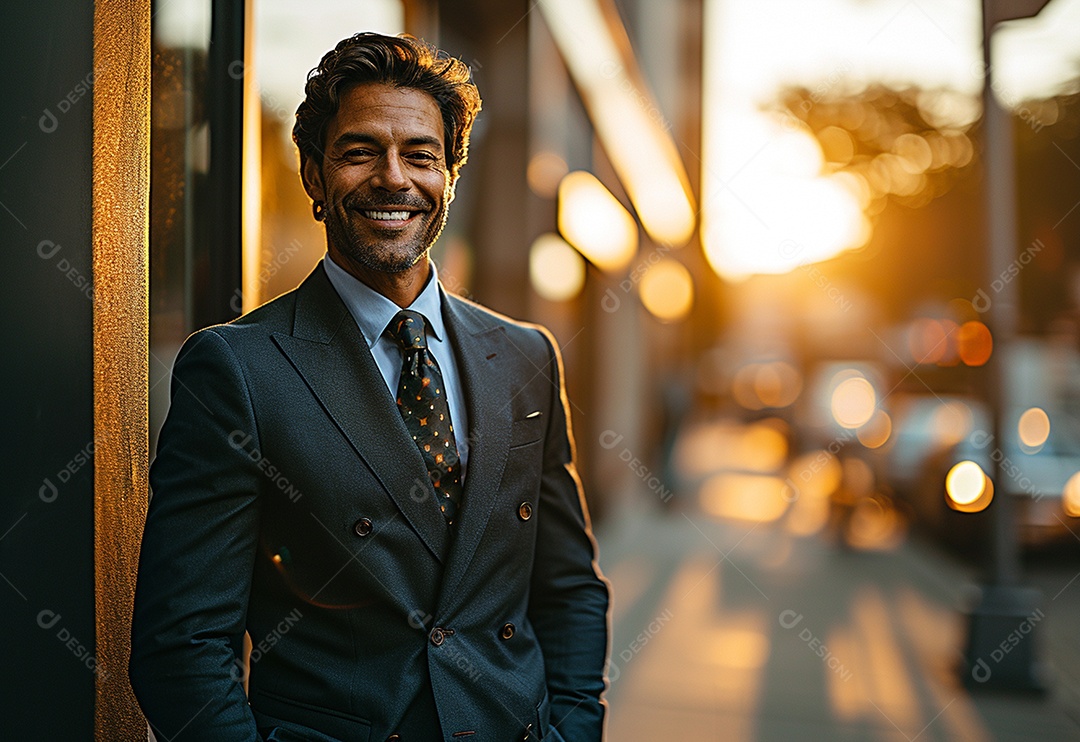 Empresário confiante sorrindo enquanto está de braços cruzados no escritório