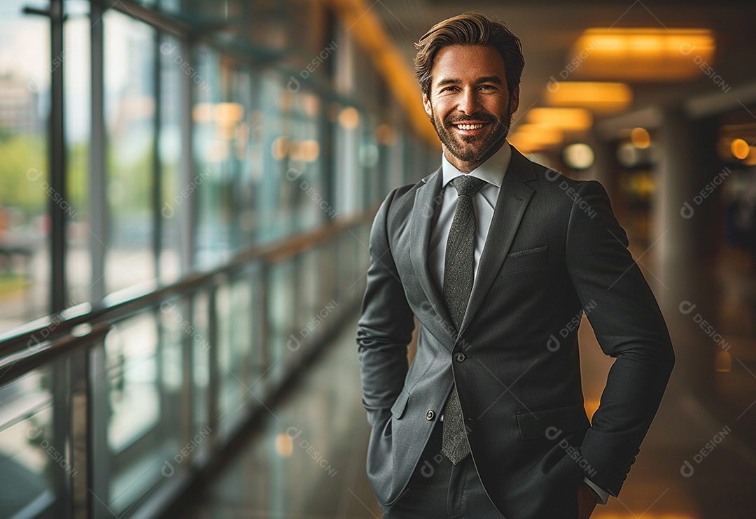Empresário confiante sorrindo enquanto está de braços cruzados no escritório