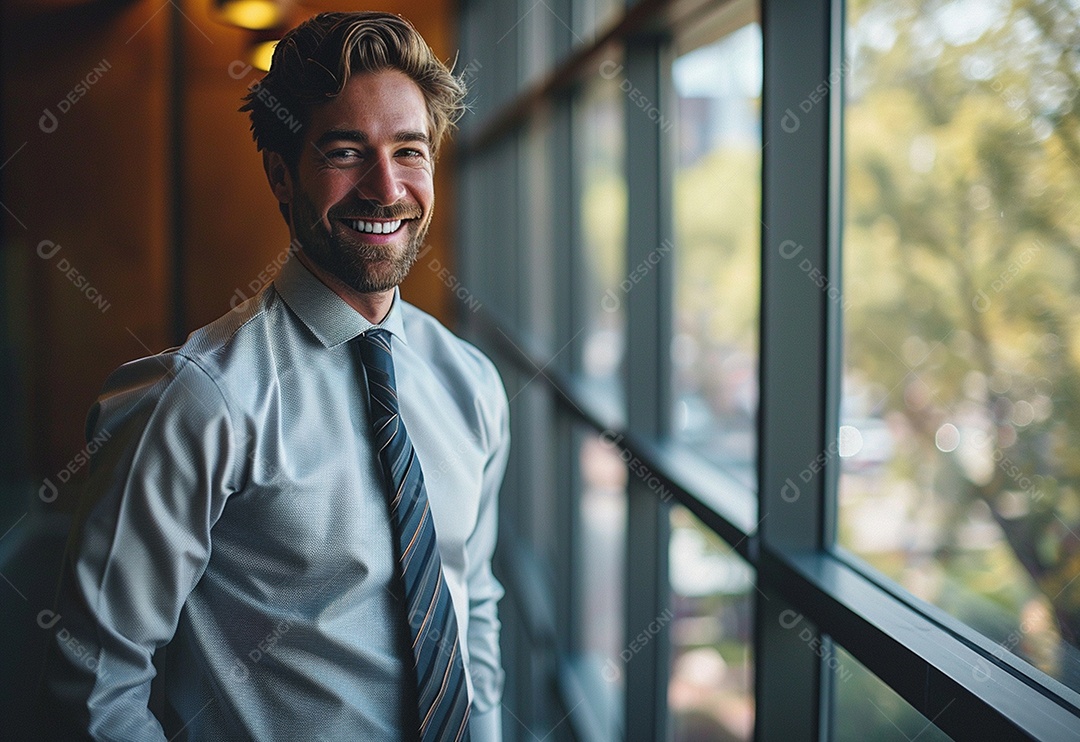 Empresário confiante sorrindo enquanto está de braços cruzados no escritório