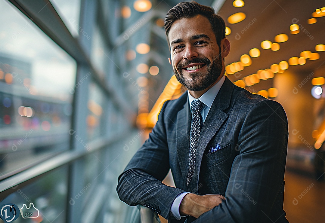 Empresário confiante sorrindo enquanto está de braços cruzados no escritório