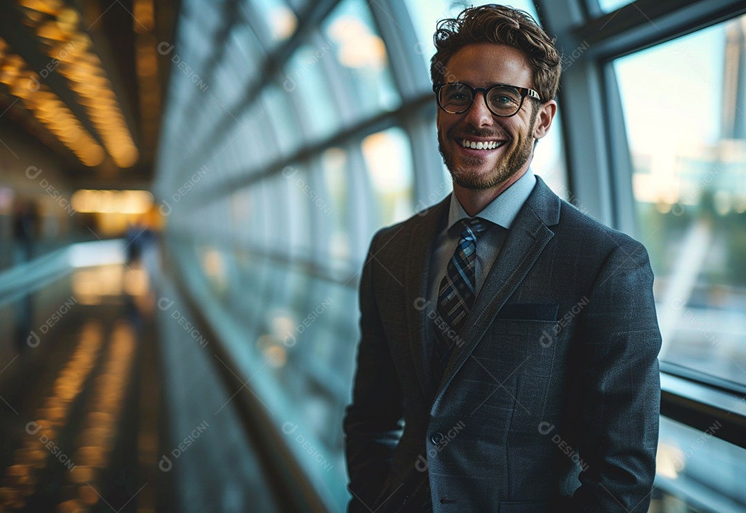 Empresário confiante sorrindo enquanto está de braços cruzados no escritório