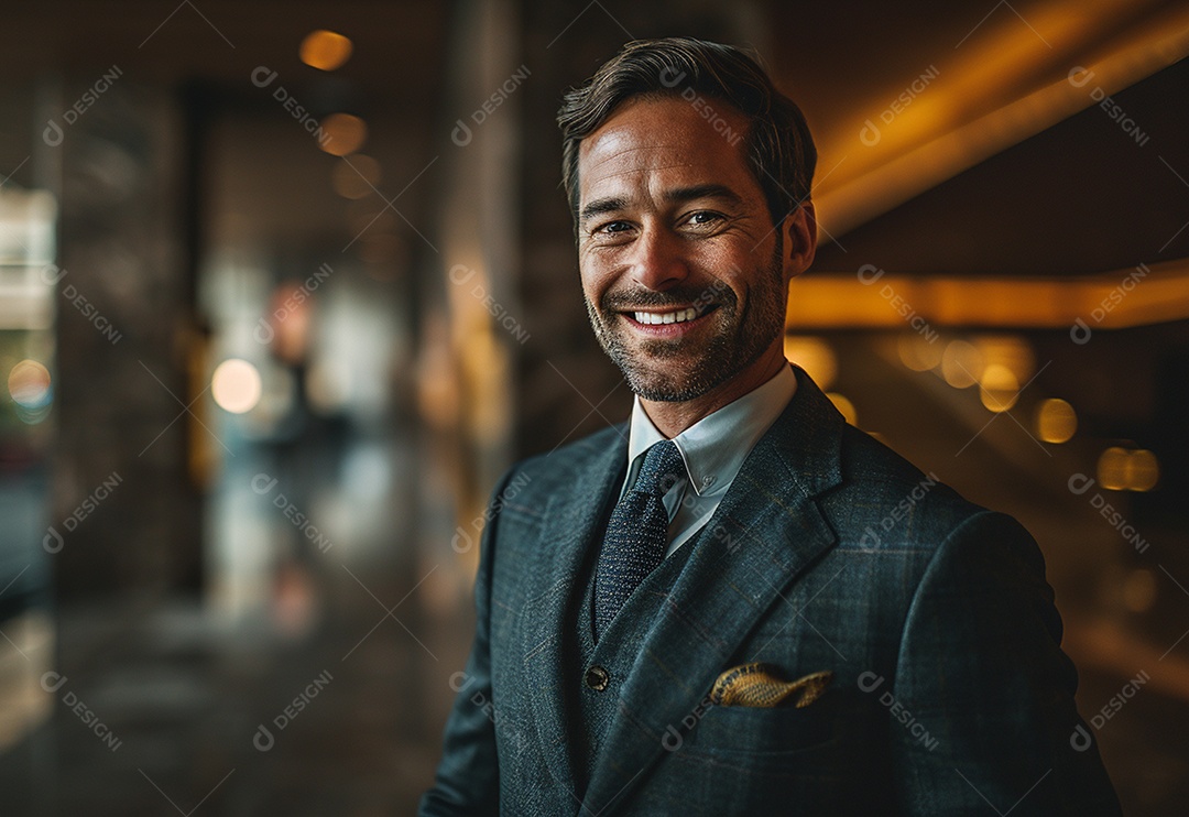 Empresário confiante sorrindo enquanto está de braços cruzados no escritório