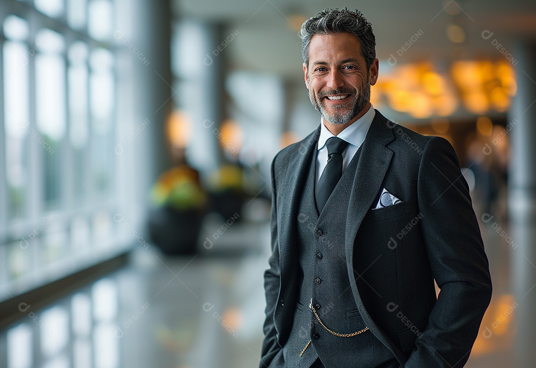 Empresário confiante sorrindo enquanto está de braços cruzados no escritório