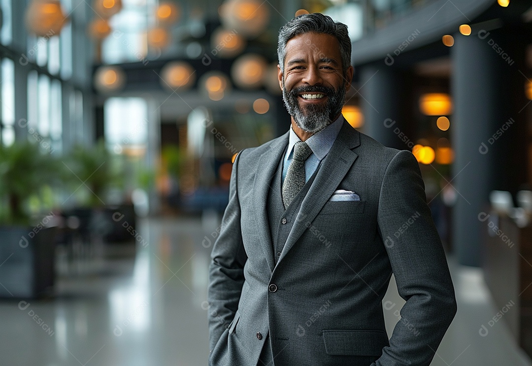 Empresário confiante sorrindo enquanto está de braços cruzados no escritório