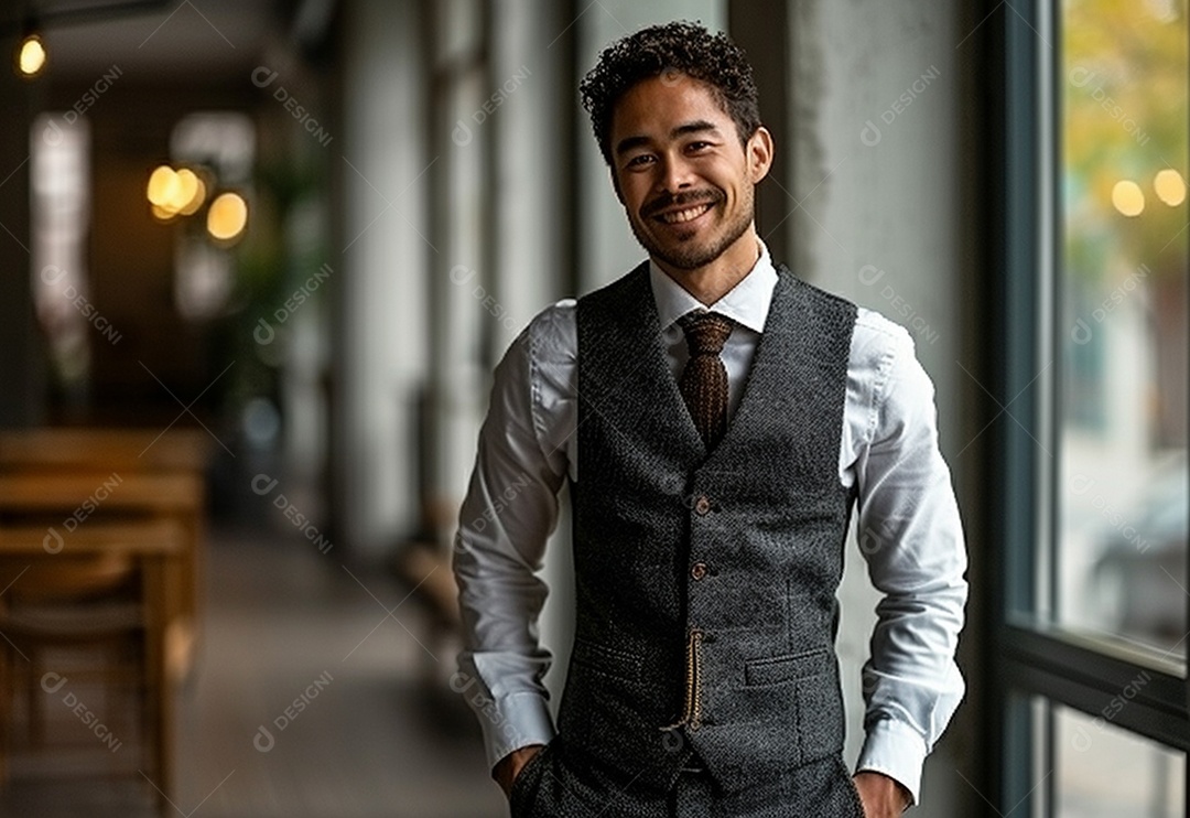 Empresário confiante sorrindo enquanto está de braços cruzados no escritório